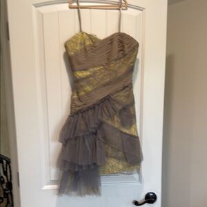 BCBGMaxAzria Green Bodycon Mini Dress with Ruching and Ruffles